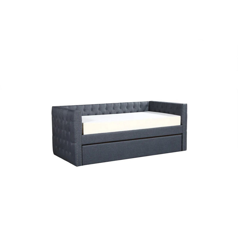 Trace Trundle Daybed, Fabric Upholstery, Chesterfield, Nailhead Trim, Gray, 43.5L x 88.75W x 34H