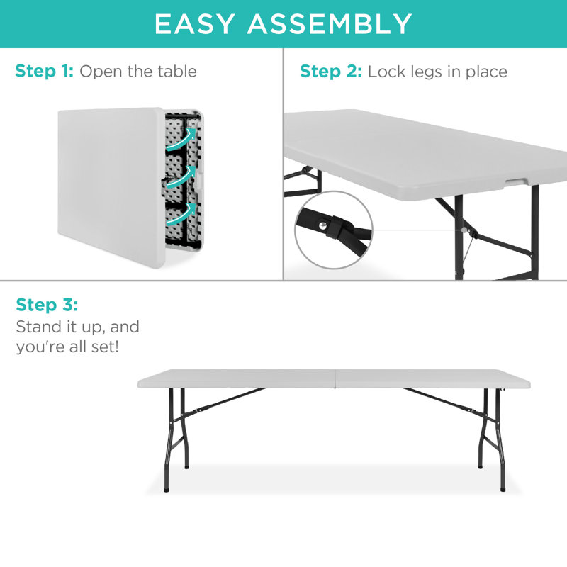 8ft Light Gray Plastic Folding Table with Handle and Lock
