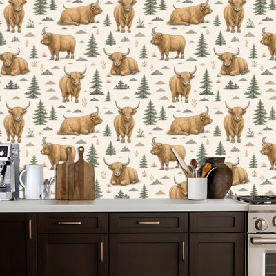 Close up Highland Cow Peel and Stick Wallpaper Removable Self-Adhesive Wall Covering Waterproof Accent Wallpaper Roll for Bedroom Living Room Kitchen 17.5" x 118"