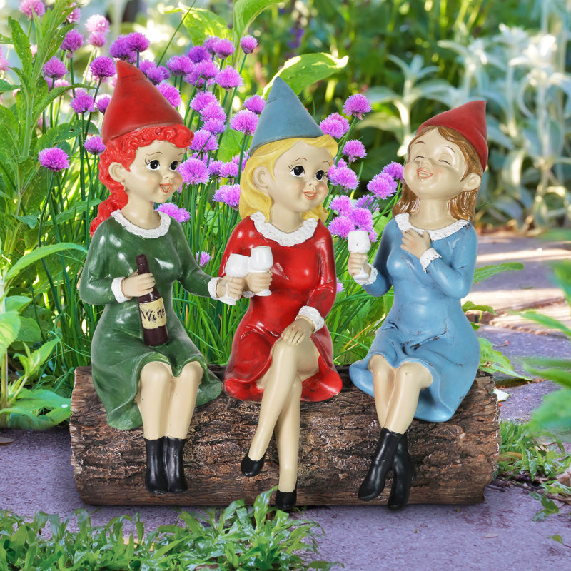 Exhart Solar Good Time Gals Drinking Wine Gnomes, 5 by 9 Inches