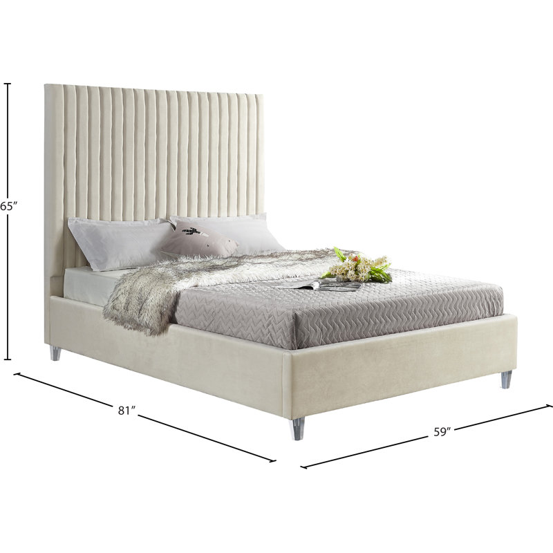 Upholstered Platform Bed, Full, Cream Velvet