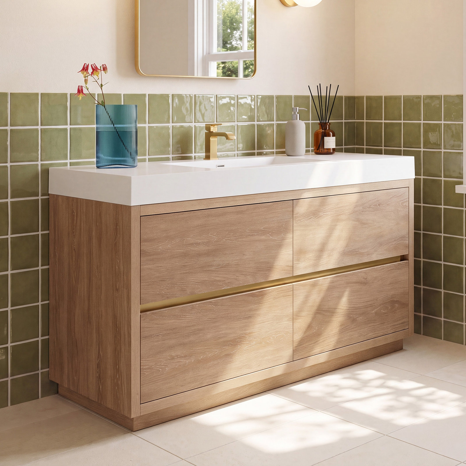 Beira 59.8'' Single Bathroom Vanity, North American Oak, White