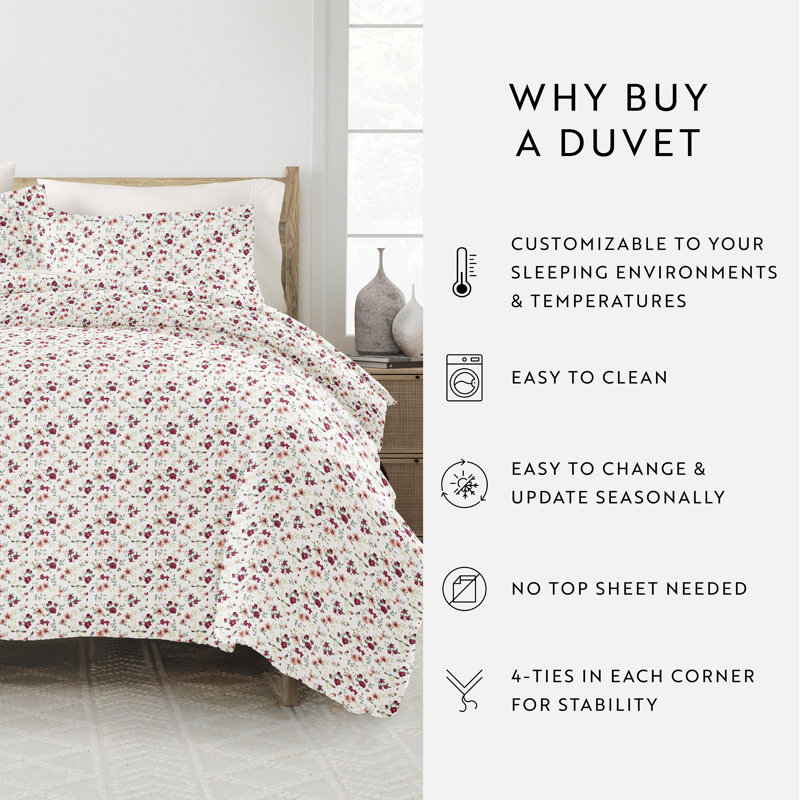 Floral Duvet Cover Set Simply Soft Traditional, Pink, Twin Duvet Cover + 1 Standard Sham