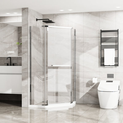 36 In. X 72 -Angle Shower, , Tempered Glass, Space Saving Design Shower Door, In., 1/4"
