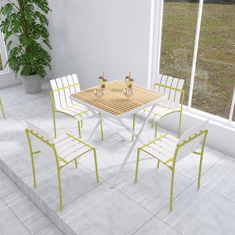 Ensemble de salle à manger 5 pièces intérieur / extérieur, 4 chaises d'appoint avec siège en PP imperméable et pieds robustes en métal, table carrée moderne pliante en PP avec pieds en métal