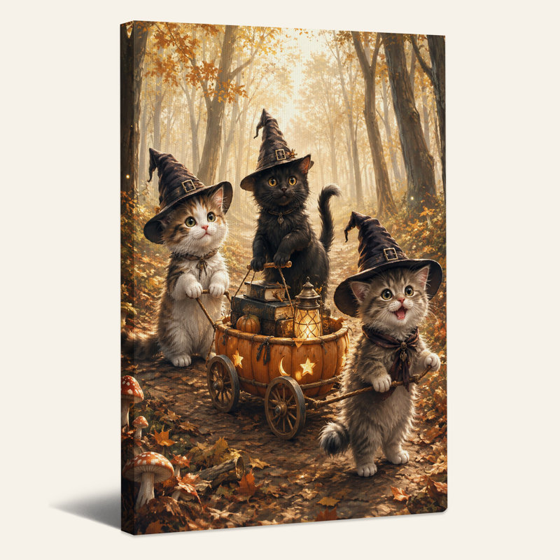 Chatons avec chapeaux de sorcière tirant un chariot de citrouille sur toile, H 40 po x l 28 po