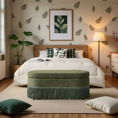 Repose-pieds ovale rembourré avec rangement à franges et couvercle relevable - L 39 po x l 16 po x H 17 po, repose-pieds multifonctionnel et rangement dissimulé pour le salon ou la chambre à coucher