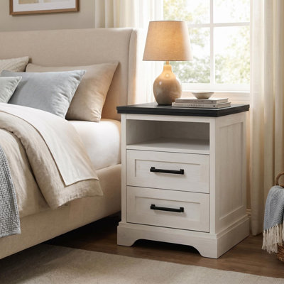 2-Drawer Industrial End Table with USB Ports and Storage Shelves