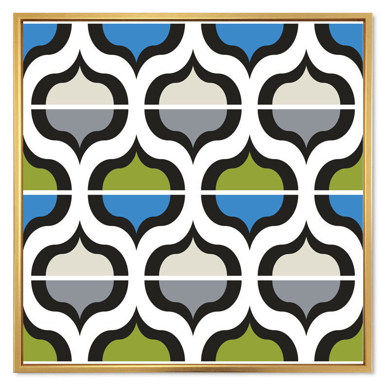 «Green and Blue Retro Geometrics», impression sur toile, H 36 po x l 36 po, Cadre flottant doré