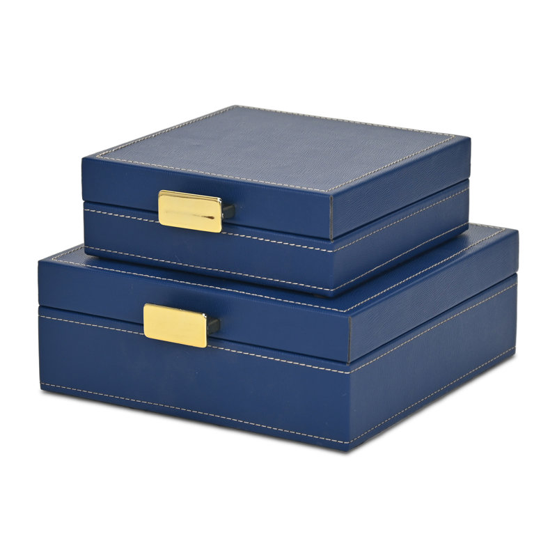 Ensemble de 2 boîtes avec accents cousus et poignées dorées Lithos, Bleu