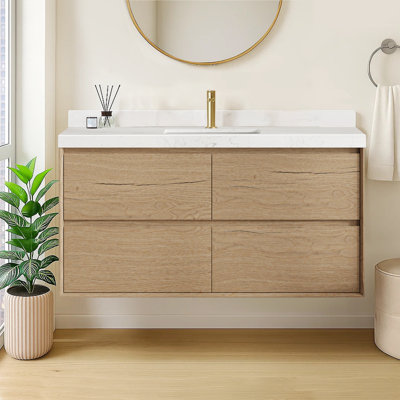 Wall-Mounted Single Bathroom Vanity With Carrara White Engineered Stone Top And Ceramic Sink