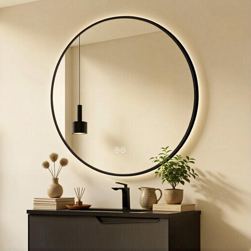36" x 36" Black Framed LED Round Bathroom Mirror, 3 Color Lighting, Anti-Fog, Explosion-Proof, Wall Mounted Backlit Vanity Mirror