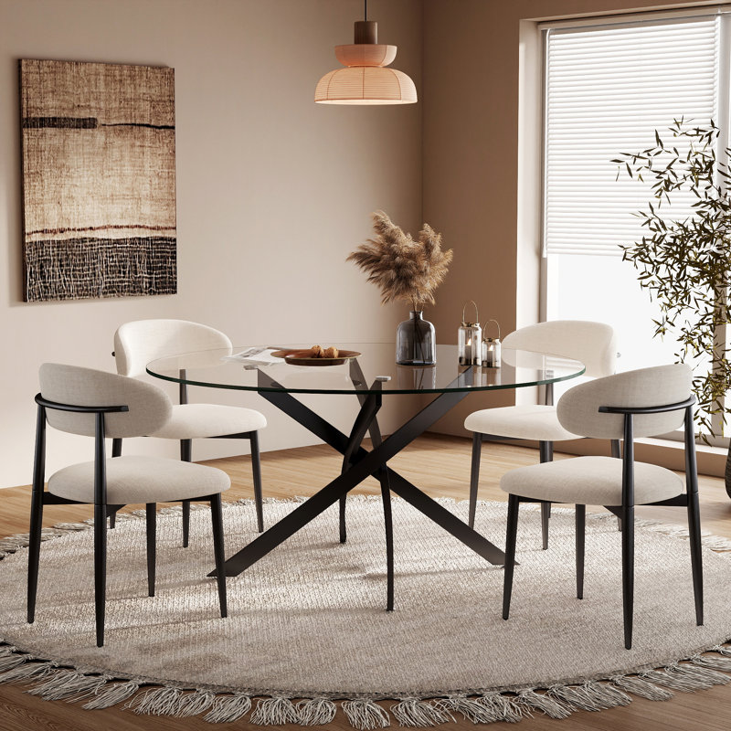 Ensemble de table de salle à manger ronde, plateau de table en verre trempé avec base en métal noir, chaises de salle à manger rembourrées en lin avec pieds en métal pour la salle à manger