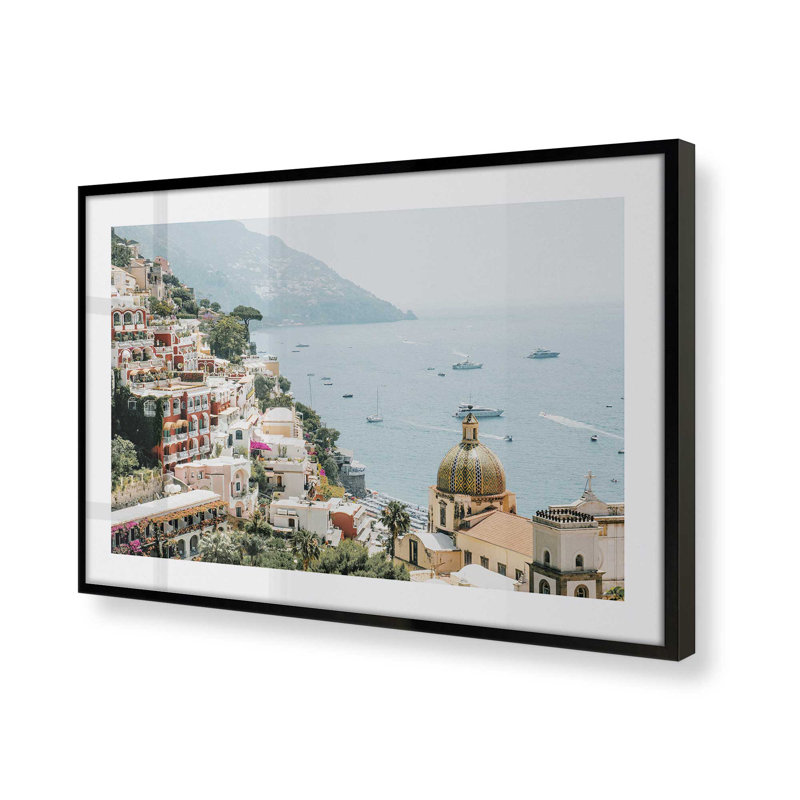 Imprimé littoral Positano, H 25 po x l 37 po x P 1,25 po, Cadre photo noir satiné