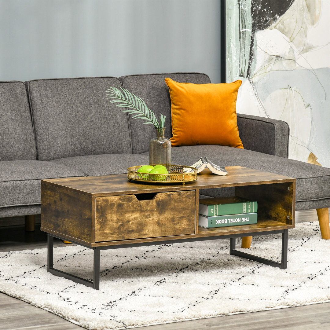 Industrial Coffee Table With Storage Shelf, Drawer And Metal Frame