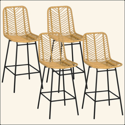 Rattan Bar Stools Set Of 4, 26" Counter Height Barstools, Boho Kitchen Island Stools With Breathable Wicker Seat And Back