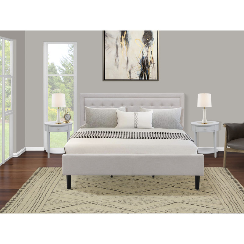 Platform King Size Bed - Mist Beige Linen Fabric Upholstered Bed Headboard with Button Tufted Trim Design - Black Legs, King