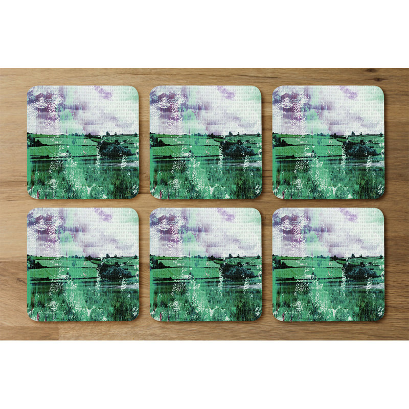 Square 6 Piece Coaster Set, Emerald/Purple