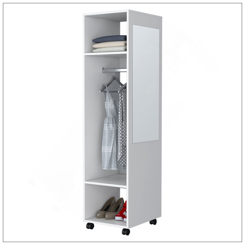 Armoire Benson en mélamine avec miroir et rangement ouvert, Blanc