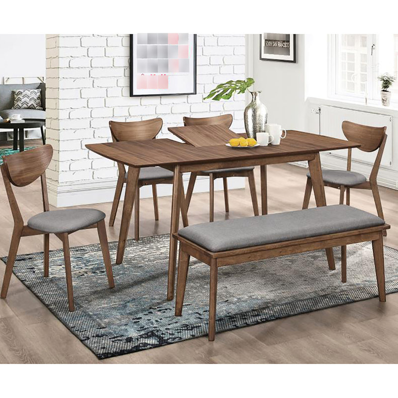 Banc de salle à manger en noyer naturel avec revêtement gris, détails de style Mid-Century
