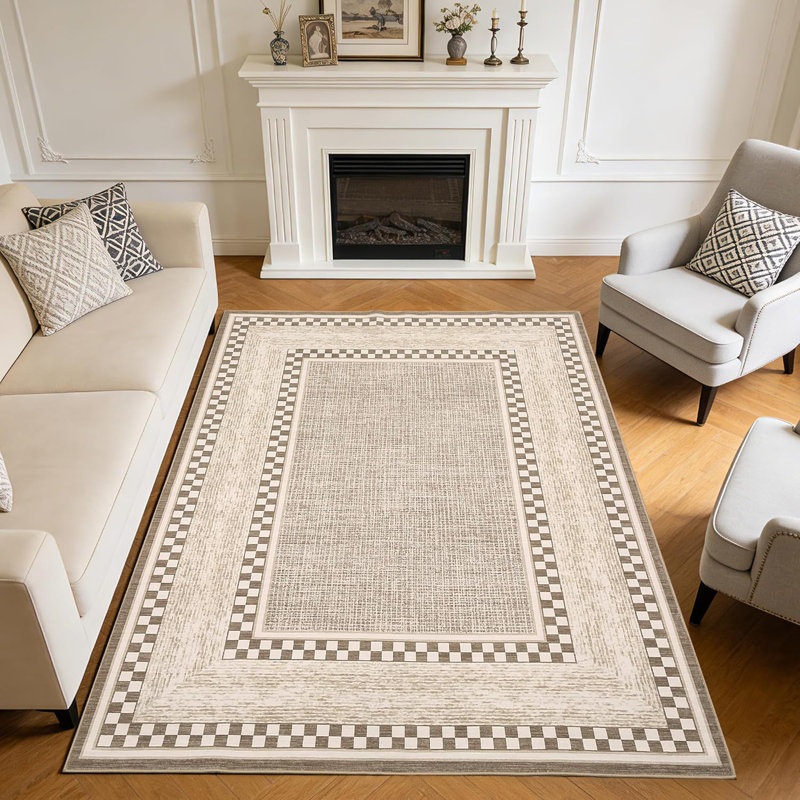9x12 Checkered Area Rug, Washable Non Slip Low Pile Rug for Bedroom Living Room, Brown, Rectangle 9' x 12', Brown