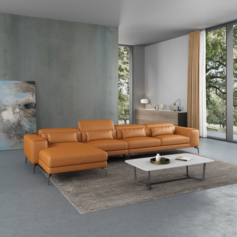 Cavour 156" Wide Genuine Leather Sofa & Chaise, Left Hand Facing, Cognac Genuine Leather