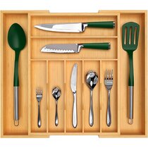 KitchenEdge Adjustable Kitchen Drawer Organizer for Utensils and Junk,  Expandable to 28 Inches Wide, 9 Compartments, 100% Bamboo