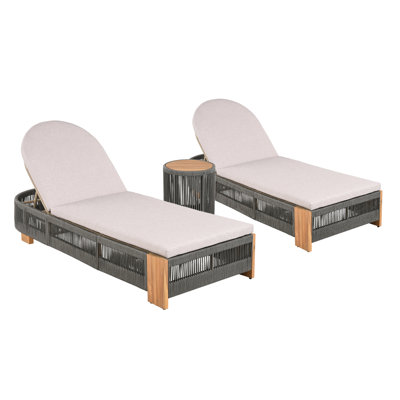 Adjustable Backrest Comfortable Rope And Wood All-weather Outdoor Chaise Lounge Set, Perfect For Poolside Relaxation