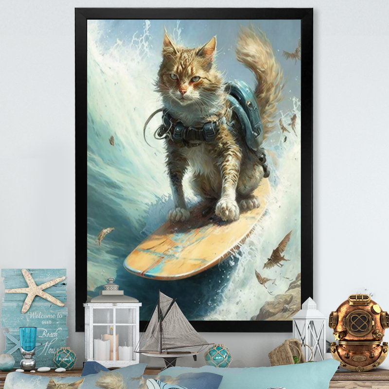 «Cat Surfing I», reproduction sur toile, Impression noire sur toile encadrée, L 12 po x H 20 po