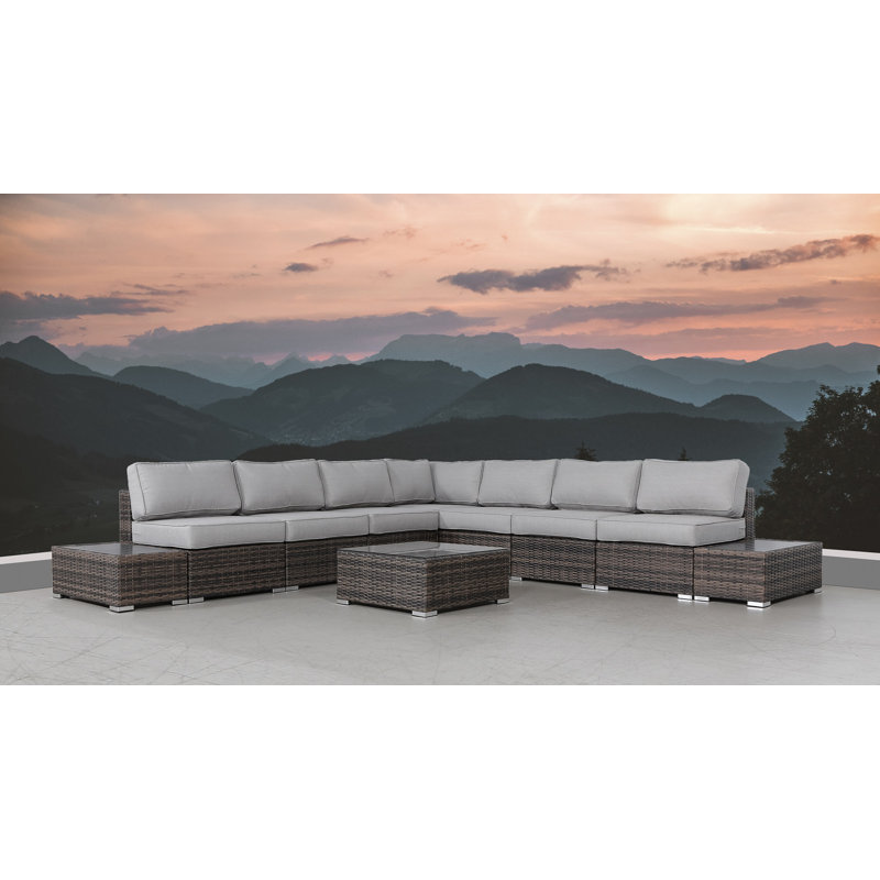 Ensemble de conversation en osier pour 6 personnes avec coussins Demarest, Brun