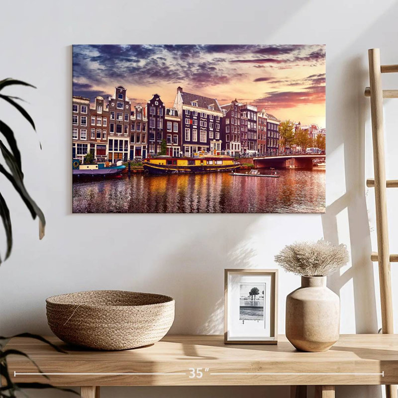 Coucher de soleil sur le canal Sirci Amsterdam, H 16 po x l 24 po