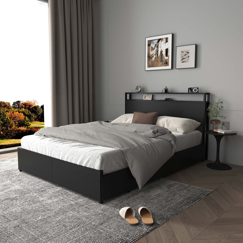 Full Bed Frame With Storage Headboard, Built-In Charging Station, Easy Assembly, No Box Spring Needed, Solid And Stable, Full