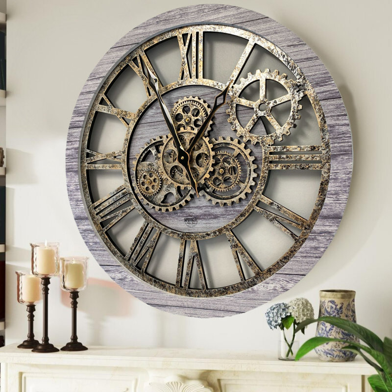 Wall Clock 24" Round Oversized for Living Room decor with Real Moving Gears America Collection, Silver Gray