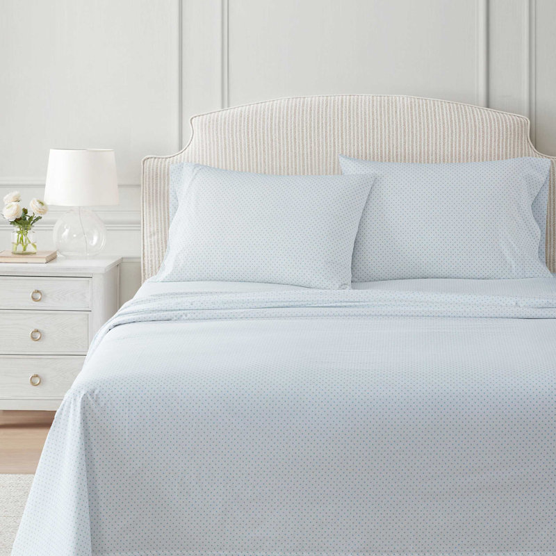 Martha Stewart Cotton Percale  Sheet Set, Twin Extra Long Sheet Set with 1 Pillowcase, Polka Dot Blue