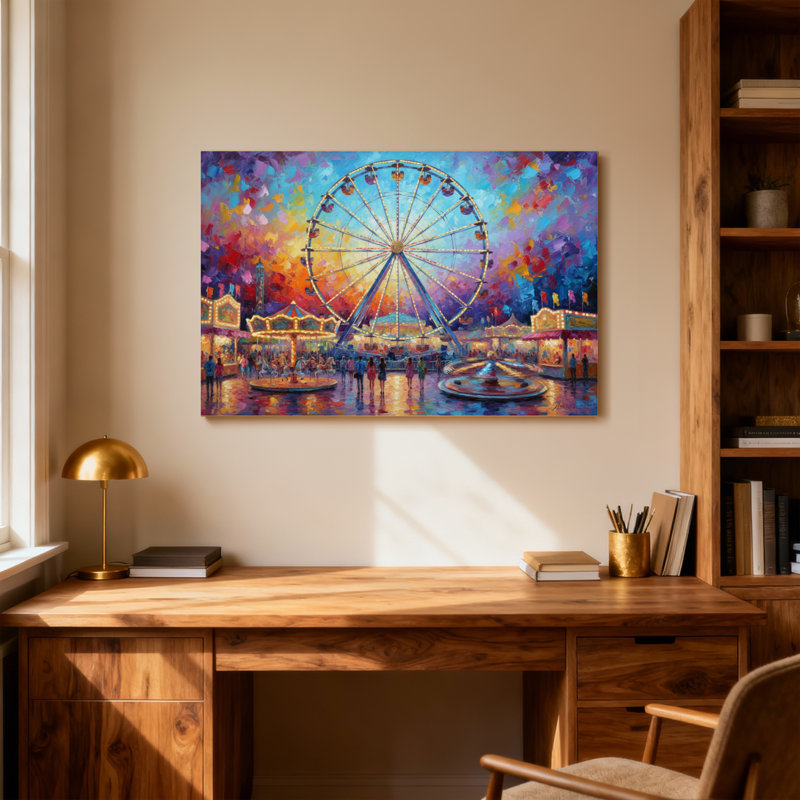 Paysage, nature, grande roue, carnaval, lumières, ciel coloré, gens, joyeuse, atmosphère, H 16 po x l 24 po