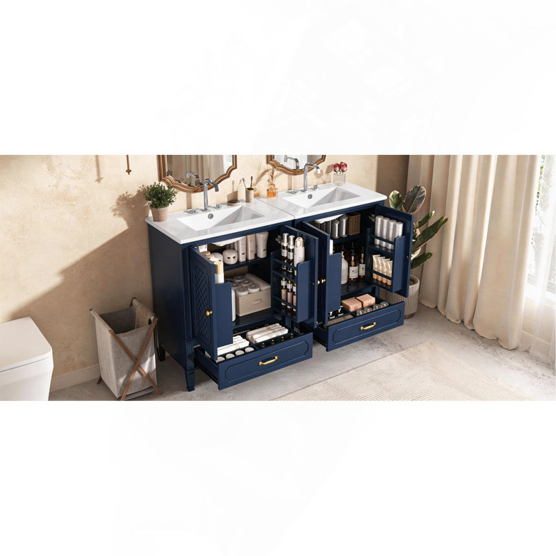 Ensemble de meuble-lavabo 60 po avec lavabo double 60 po, 2 armoires avec organisateurs de porte, 2 tiroirs, bleu