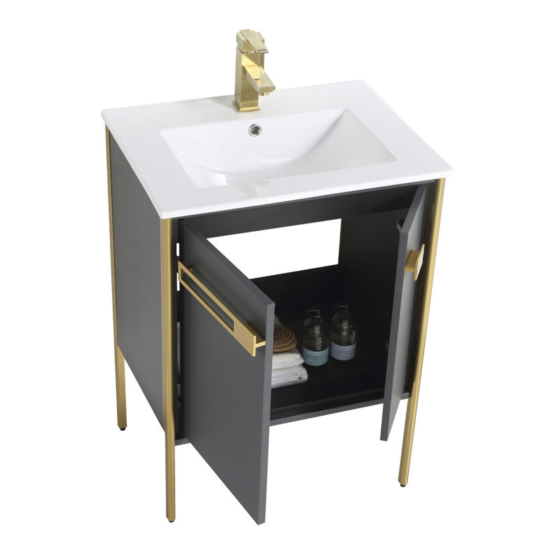 Meuble-lavabo simple 24 po, Laiton satiné, Gris Onix