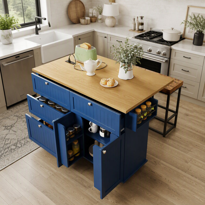 Îlot de cuisine de style champêtre avec abattant et 2 places assises, nombreux rangements et prise électrique, bleu, Bleu