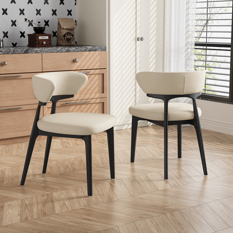 Modern Fully Assembled Dining Chairs Set of 2, Beige Faux Leather with Solid Wood Legs, Black, Beige