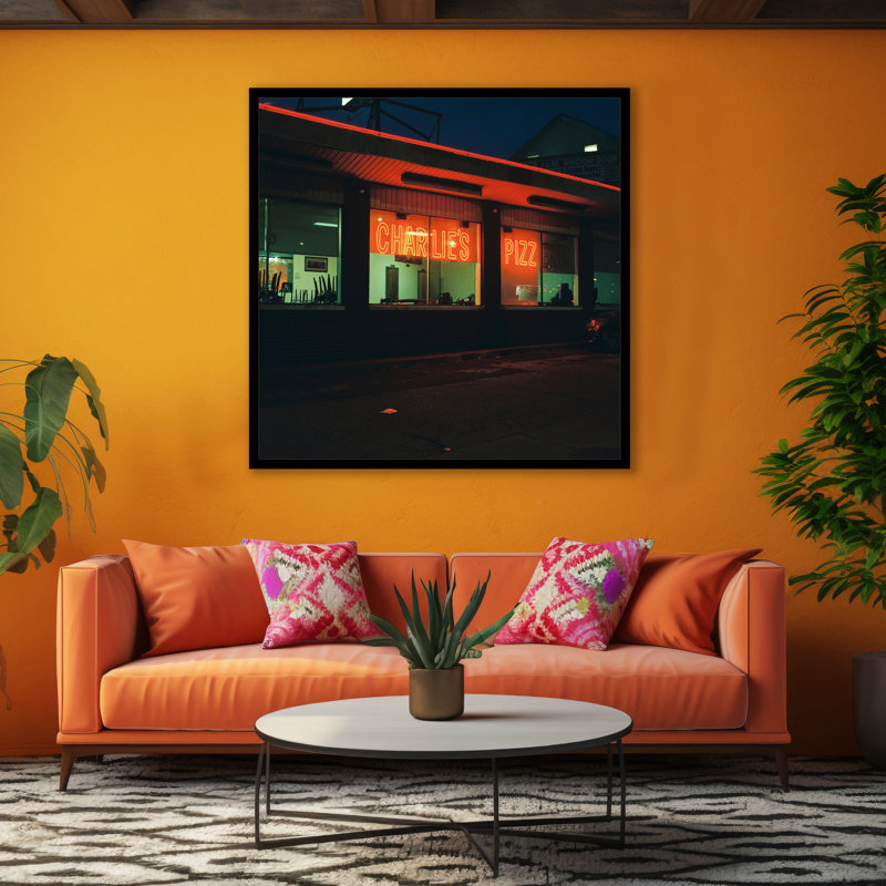 Good Good Black Art "Charlies Pizz (eria)", art mural par Stanley Collins | Reproduction carrée encadrée | Édition limitée