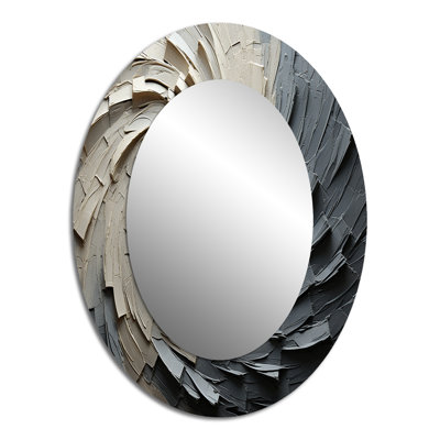 Grey Beige Meditative Movement III - Abstract Oval Decorative Mirror On Metal