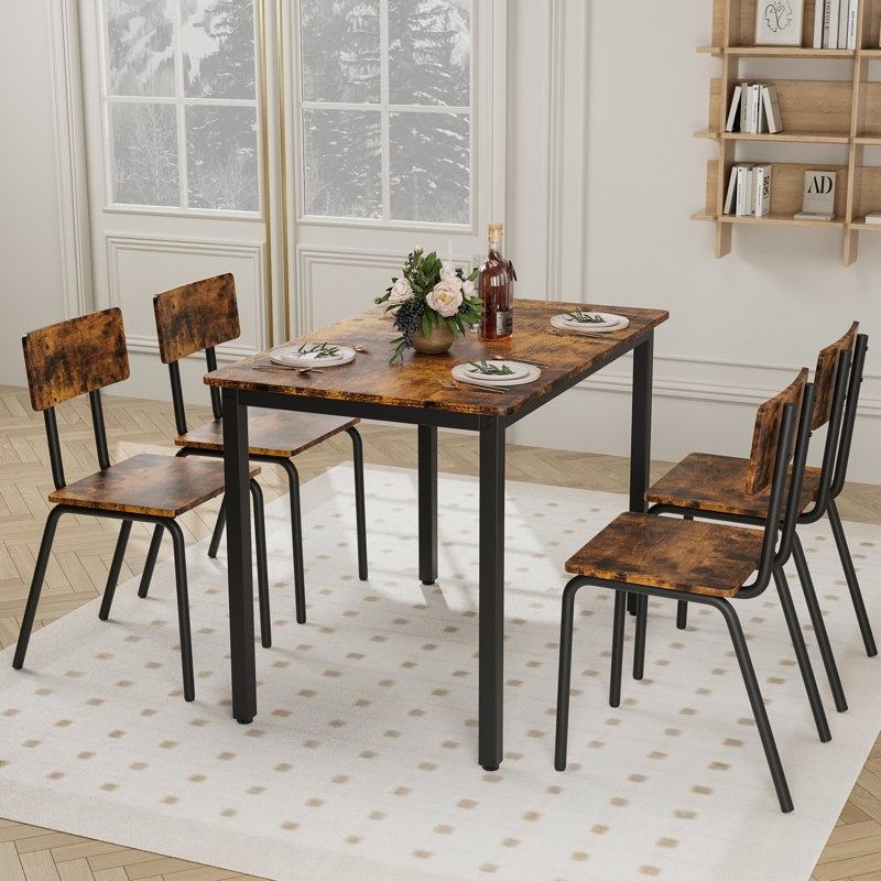 Ensemble de table de salle à manger 5 pièces avec 4 chaises, ensemble de table de cuisine et chaises de 43 po pour 4 personnes, table de salle à manger avec structure en métal et panneau de fibres à densité moyenne, parfait pour les petits espaces, facile à nettoyer