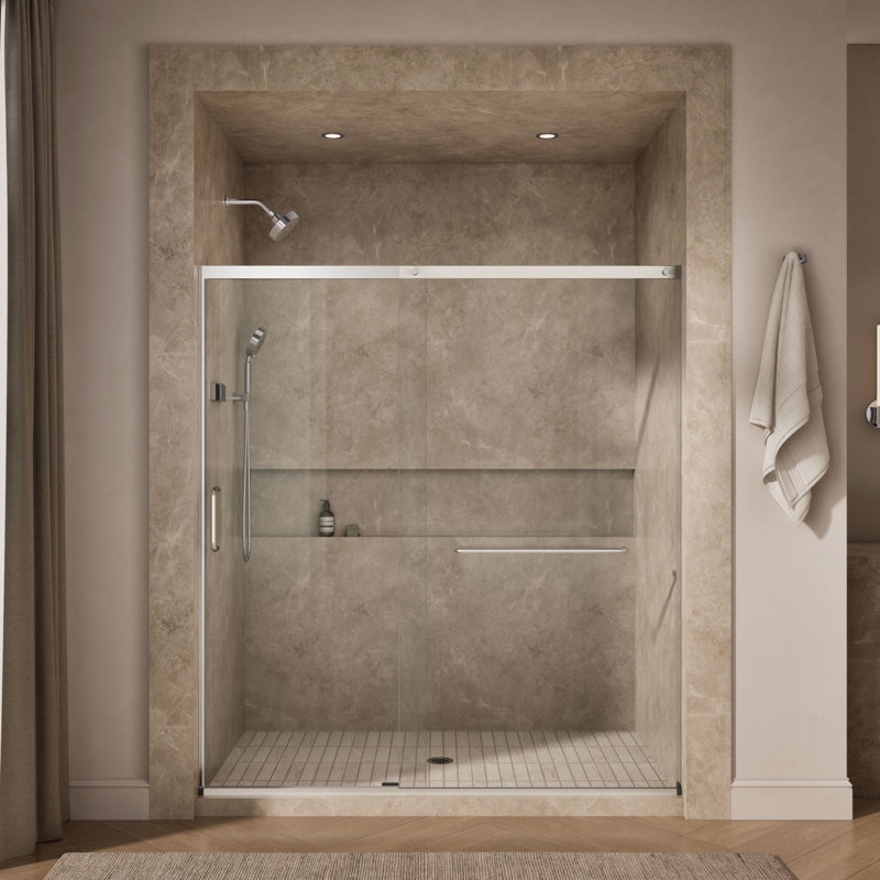 Sliding Shower Door, 75-1/2-In H X 68-1/4 - 71-5/8-In W, With Heavy 5/16-In Thick Crystal Clear Glass, Silver