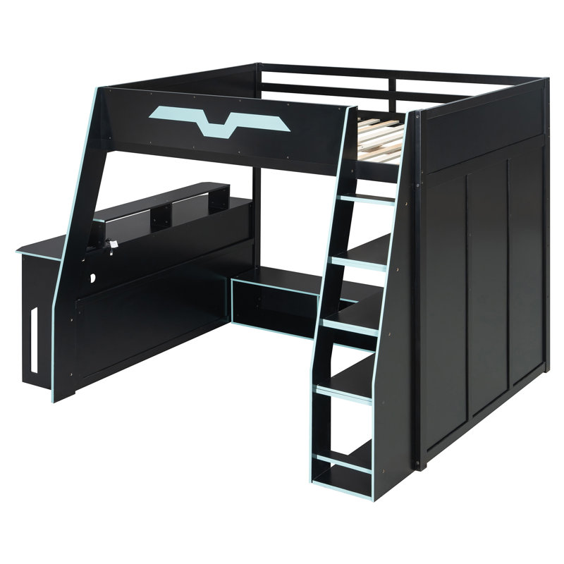 Lit mezzanine en bois compact avec tablettes de rangement, style Esports moderne