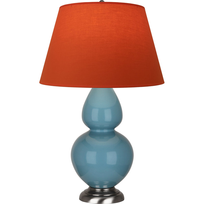 Lampe de table double gourde en céramique, Bleu acier émaillé / argent antique, Tangerine / doublure taupe, Argent argent