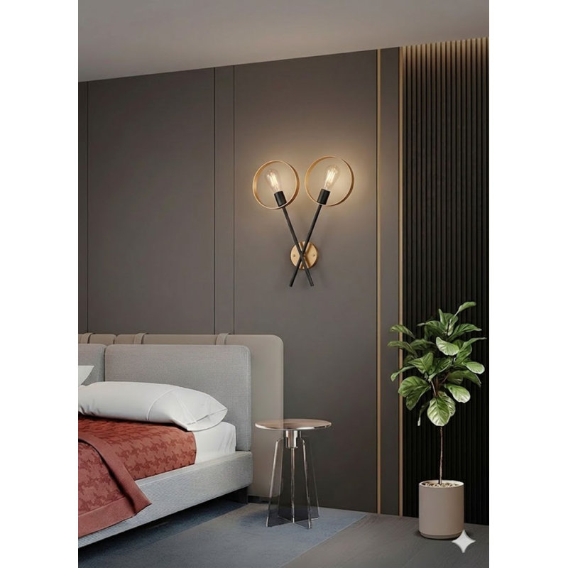 2-Light Black And Golden Bronze Metal Wall Sconce