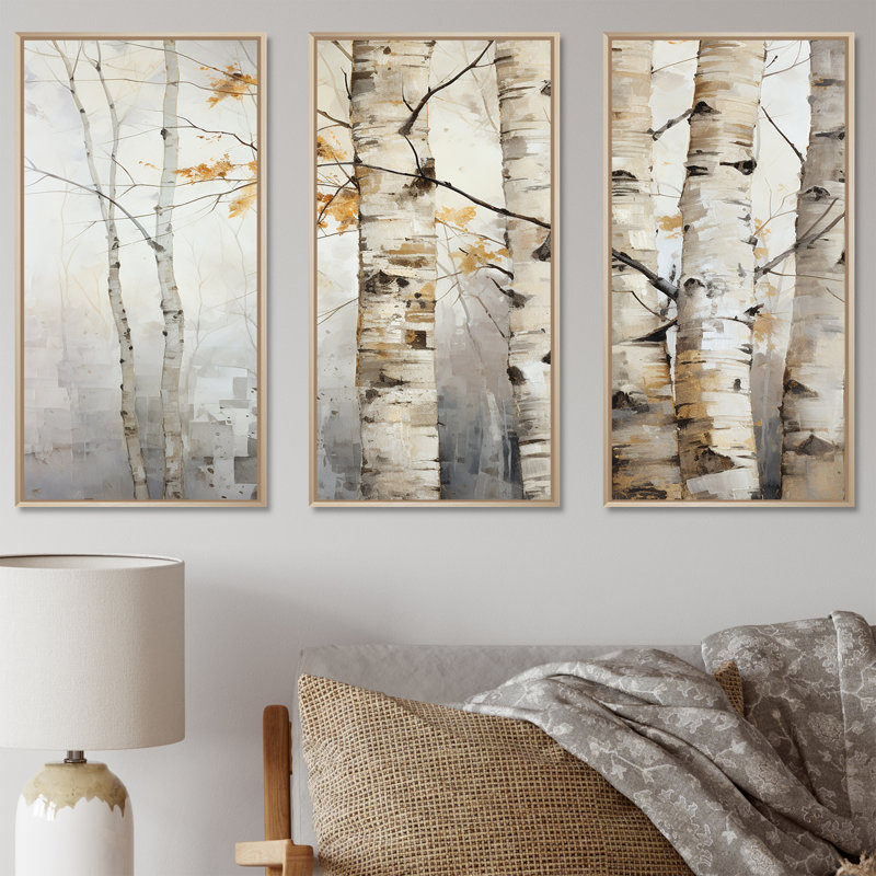 Ensemble d'art mural en toile argent et beige avec bouleau, H 40 po x l 60 po, Cadre flottant érable