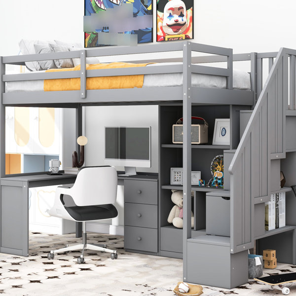 Latitude Run® Space Saving Twin Size Loft Bed With L-Shaped Desk ...