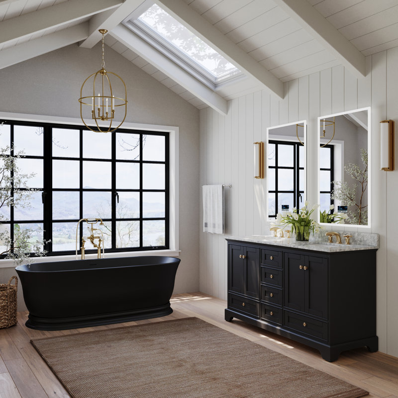 Audrey 66'' W Double Vanity, Carrara White, Black Onyx | Brushed Gold