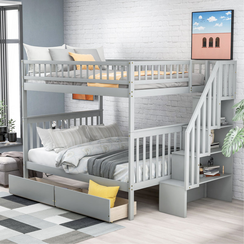 Lit superposé double au-dessus de double avec deux tiroirs et rangement, Gris